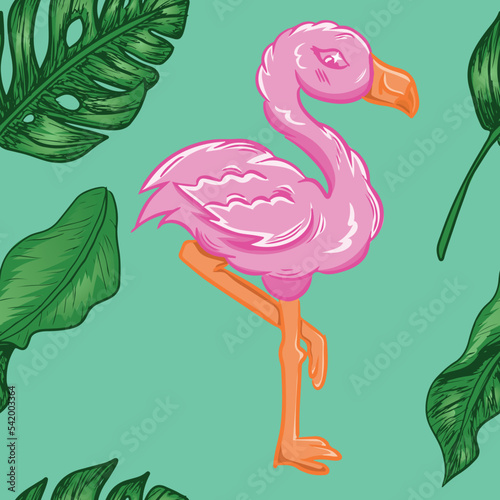 Pink flamingo with tropical leaves seamless pattern vector illustration