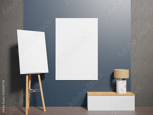 .3d rendering of the interior with a poster on the wall. Design of a light bedside table with a lamp on it and an easel near it, on a gray background
