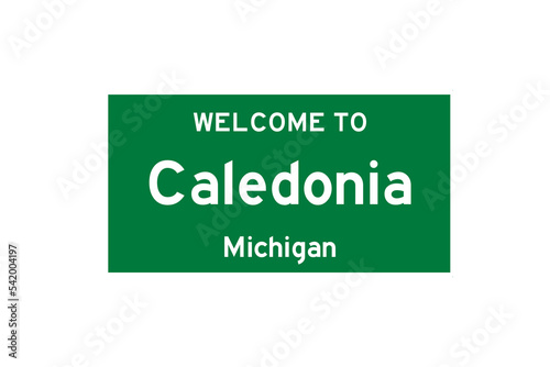 Caledonia, Michigan, USA. City limit sign on transparent background.  photo