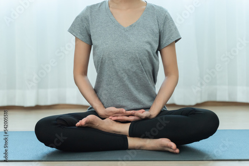 Yoga and meditation lifestyles. close up view of young beautiful woman practicing yoga namaste pose in the living room at home.