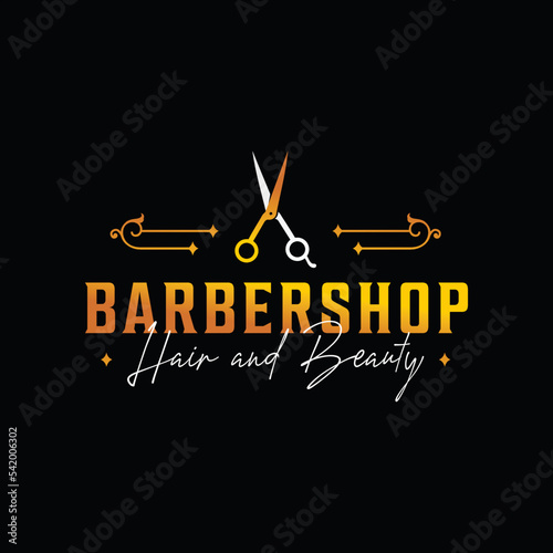 Luxury beauty salon and Barbershop Logo with scissors symbol or illustration suitable for luxury logo design