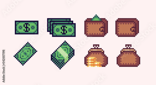 Money bundle, pack pixel art set. Purse and wallet full of cash. Wad of dollars collection. Green banknotes. 8 bit sprite. Game development, mobile app.  Isolated vector illustration.