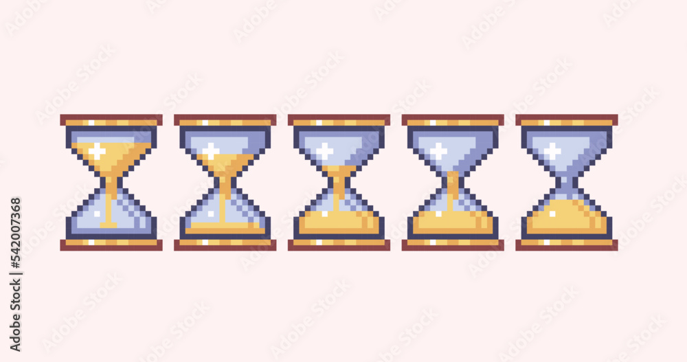 Sand glass animation stages pixel art set. Hourglass, old clock ...