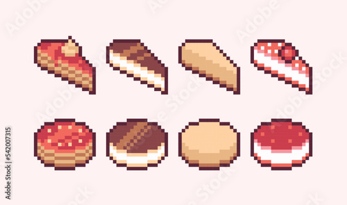 Cheesecake, cake and pie pixel art set. Dessert and pastry collection. 8 bit sprite. Game development, mobile app.  Isolated vector illustration.