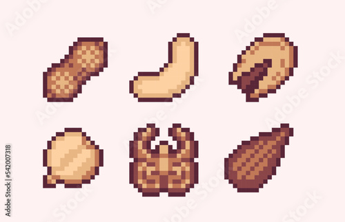 Nuts assortment pixel art set. Seeds, cacao and bean collection. 8 bit sprite. Game development, mobile app.  Isolated vector illustration.