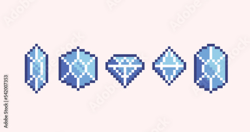 Gems: diamond, ruby, emerald, amethyst pixel art icon set. Precious stones and crystals logo collection. 8-bit sprite. Game development, mobile app. Isolated vector illustration.