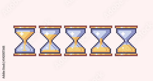 Sand glass animation stages pixel art set. Hourglass, old clock collection. 8 bit sprite. Game development, mobile app.  Isolated vector illustration.
