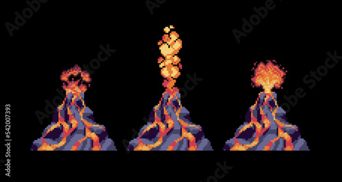 Volcanic eruption stages pixel art set. Flowing lava, swirling smoke, black mountain collection. 8 bit sprite. Game development, mobile app. Isolated vector illustration.