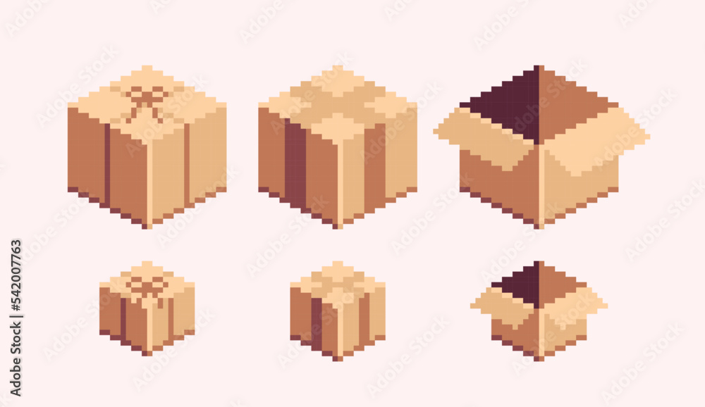 Cardboard box pixel art set. Paper crate, open and closed collection. Empty  carton package. 8 bit sprite. Game development, mobile app. Isolated vector  illustration. Stock Vector | Adobe Stock