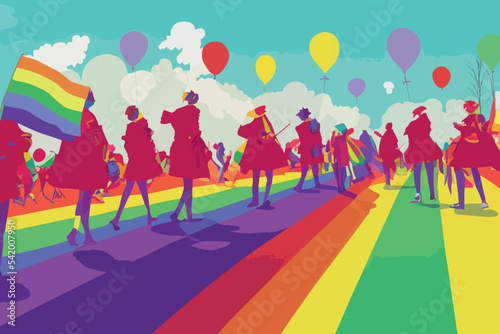 People tolerant to lgbt community, parade, flags, balloons, lgbtq+ pride