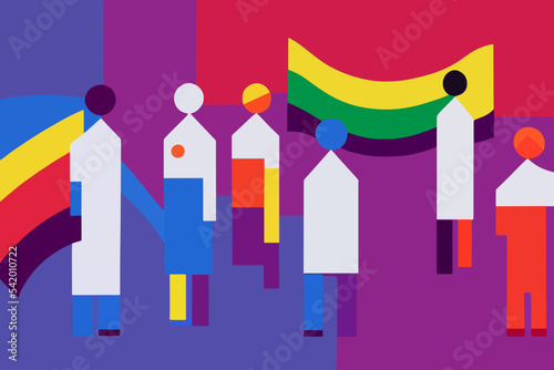 People expressing tolerance for lgbtq+ pride, rainbow paraphernalia, illustration,