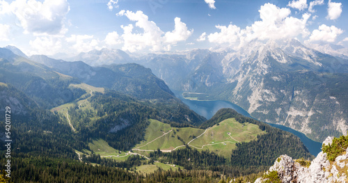 Picturesque mountain landscape with lake in the summer  large panorama of Berchtesgaden Alps