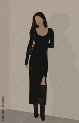 Vector flat image of a girl with dark long hair. A lady in a long dress, boots and a bag. Design for cards, avatars, posters, backgrounds, templates, banners, textiles.