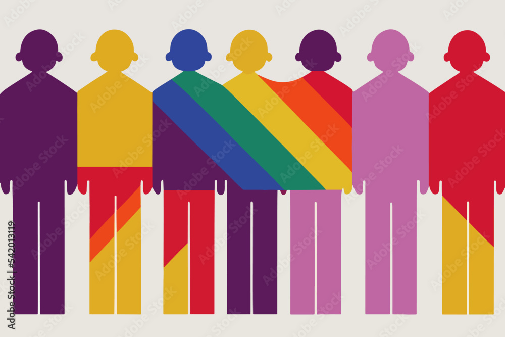 Obraz premium Lgbt guys against human rights discrimination, open eyes, illustration,