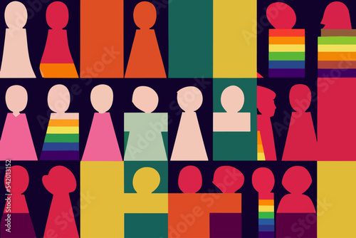 People expressing tolerance for lgbtq+ pride, rainbow paraphernalia, illustration,