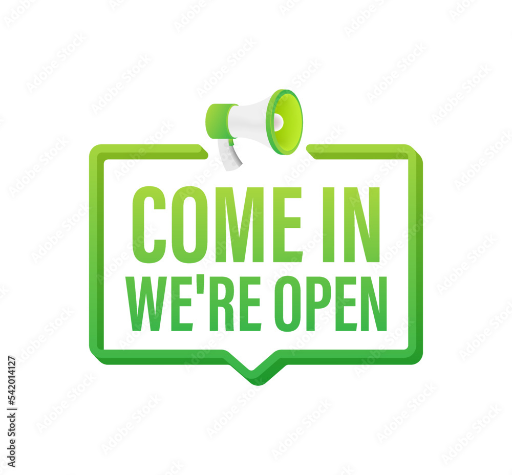 Hand Holding Megaphone with come in we are open. Megaphone banner. Web design. Vector stock illustration. Hand Holding Megaphone with come in we are open. Megaphone banner. Web design. Vector stock illustration.