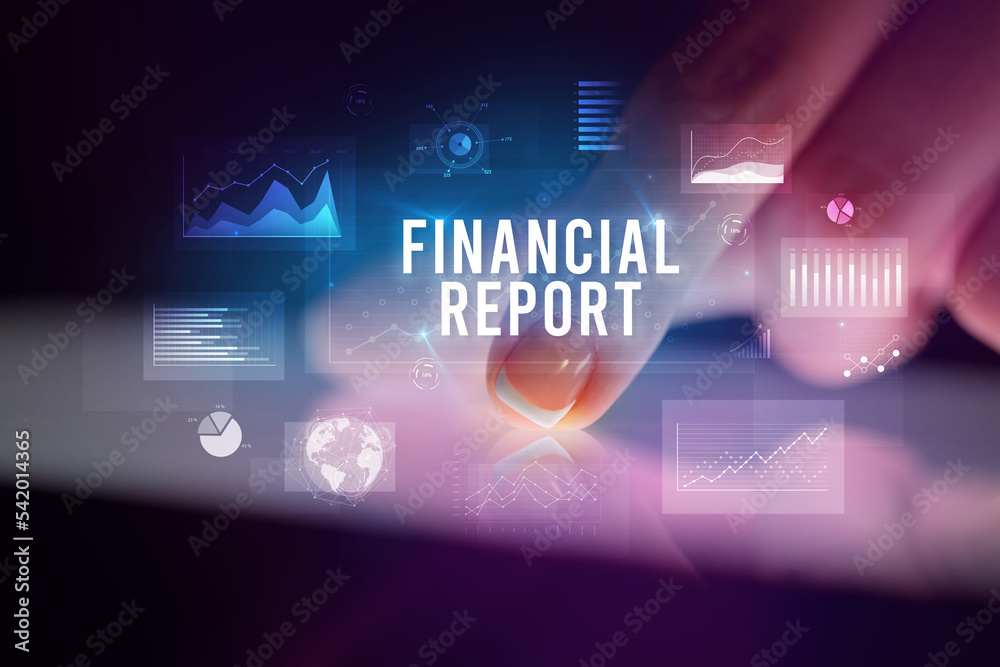 Finger touching tablet with business graphs and icons concept Finger touching tablet with business graphs and icons concept