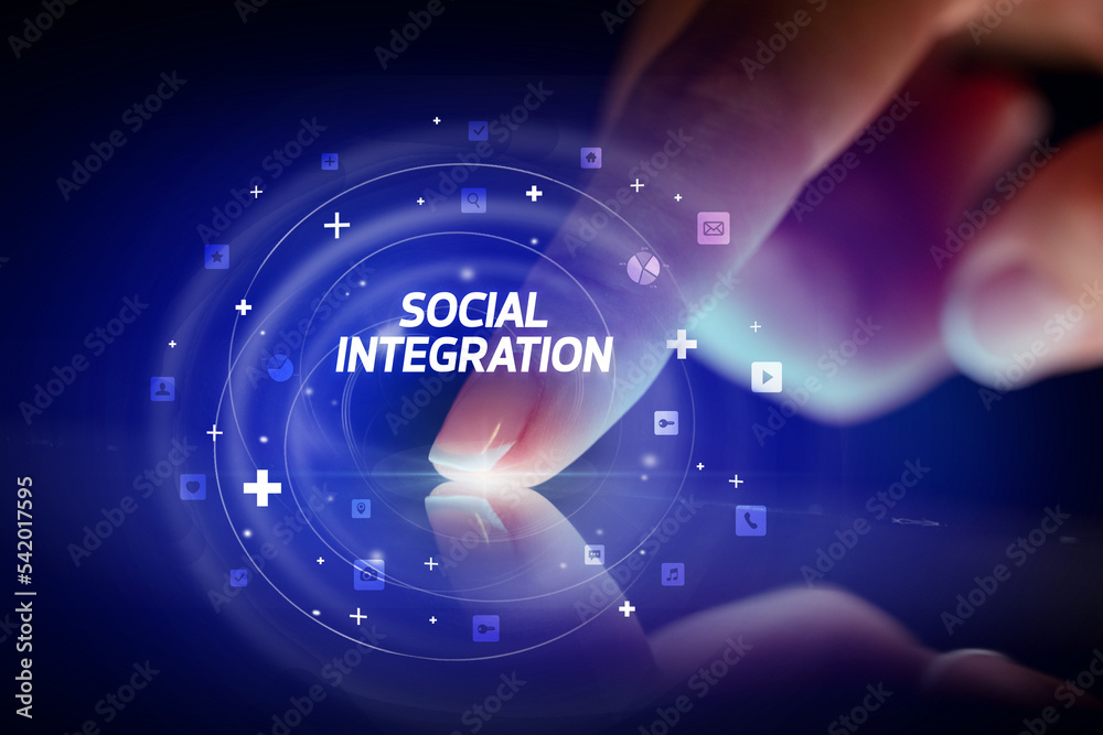Finger touching tablet with social media icons concept Finger touching tablet with social media icons concept