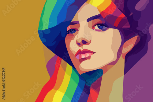 Girl flirting expresses tolerance for lgbtq+ pride, rainbow paraphernalia,