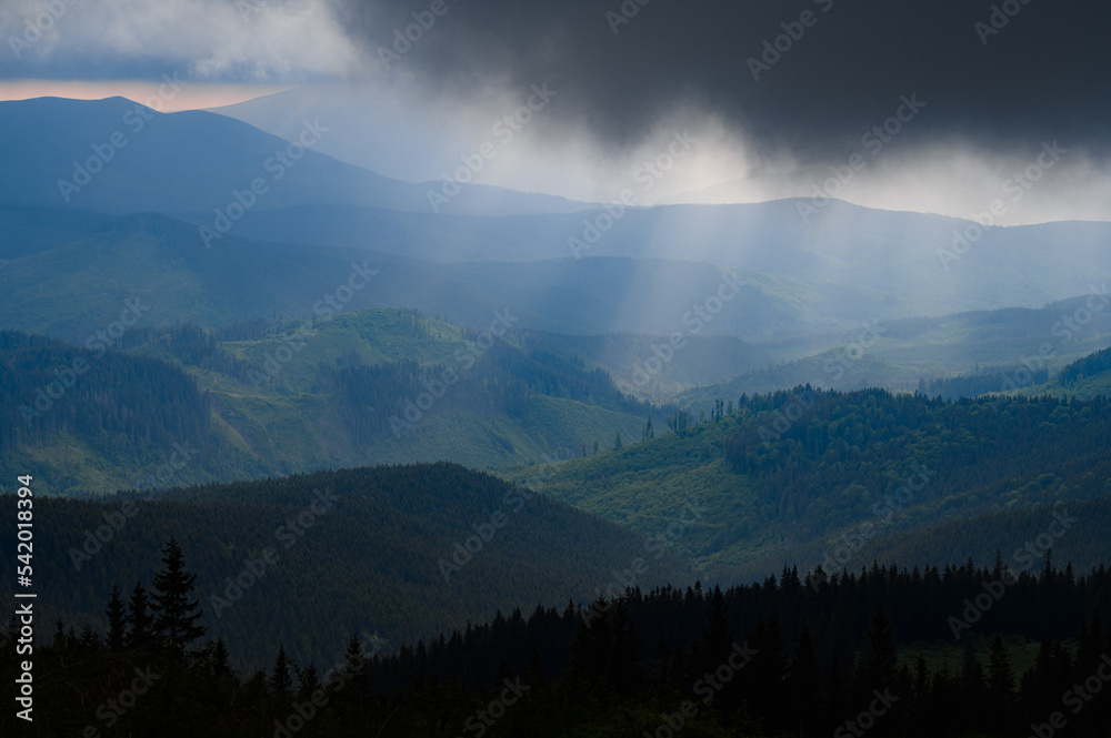 Rain clouds in the Carpathians, overcast Mount Petros.