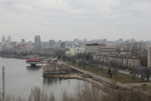
View of the city and the Dnieper River.
Autumn landscape of the city from a high roof.
Sights and architects of a big city. The longest embankment in Europe in the city of Dnipro.
