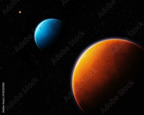 Earth-like planets, rocky exoplanets in space. Beautiful planets in blue and red colors near their star. Elements of the solar system.