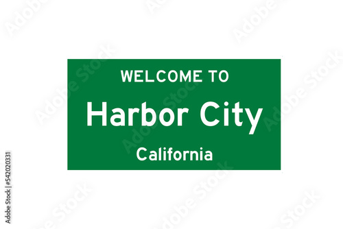 Harbor City, California, USA. City limit sign on transparent background. 