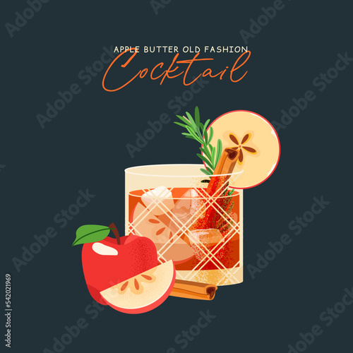 Apple old fashioned cocktail with rosemary and spice vector illustration on dark background. Autumn alcohol drink
