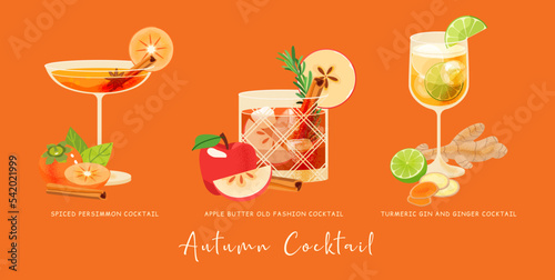 Autumn cocktails vector set. Fall fruit three drink glass with apple, lime, bourbon, persimmon, gin, ginger, turmeric, spice, whisky. Everything you need for party