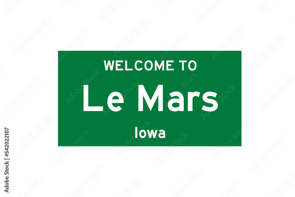 Le Mars, Iowa, USA. City limit sign on transparent background.