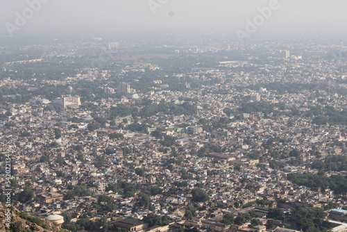 Aerial view of residential houses in Alwar city, Rajasthan. Top angle Drone shot, houses in a smart city, living in India.