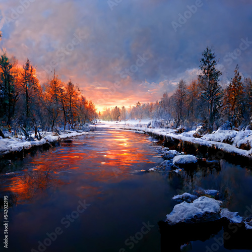 winter, forest, snow, river, landscape