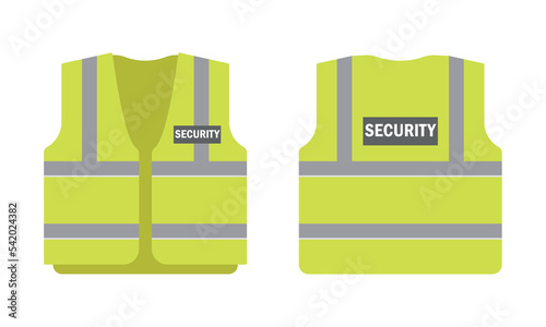 Security vest front and back view. Safety jacket with reflective stripes. Uniform  for workers. Vector illustration