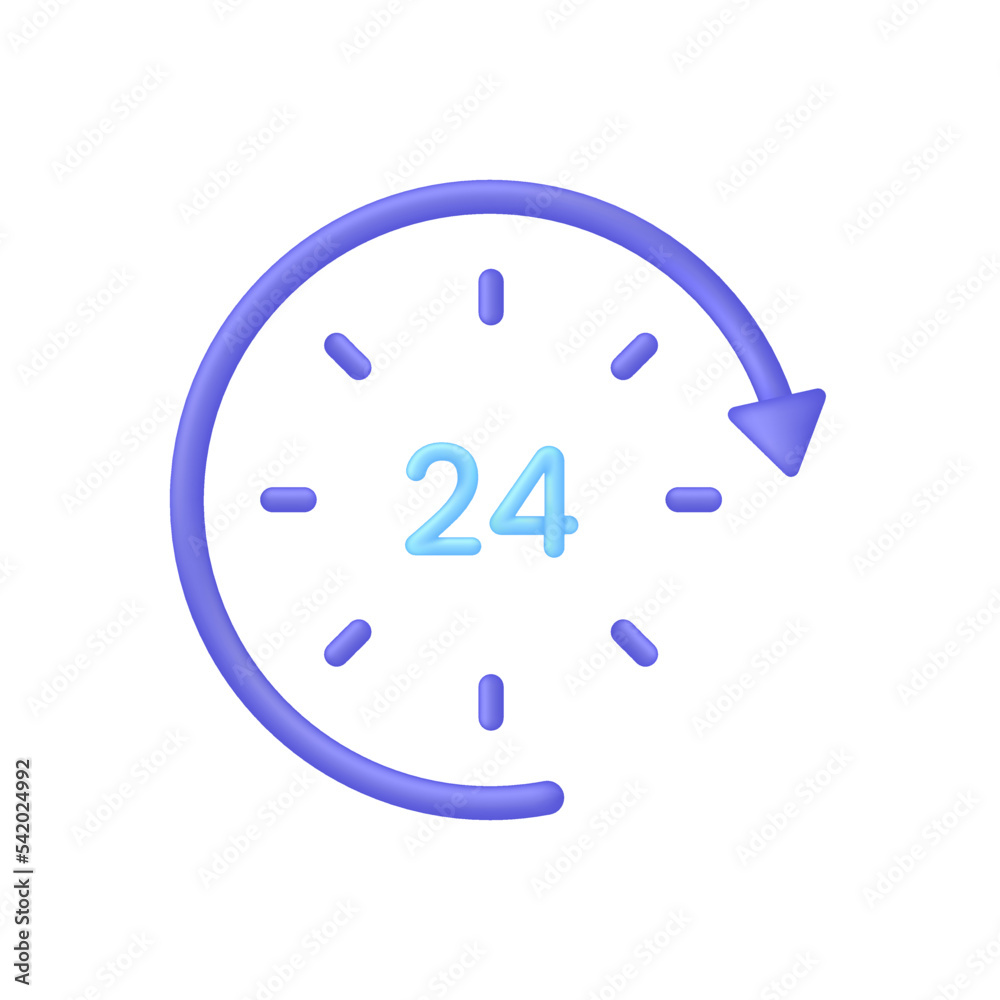 3D Clock icon. 24 hours. Passage of time Time-keeping and measurement of time. Time period concept. 3D Clock icon. 24 hours. Passage of time Time-keeping and measurement of time. Time period concept.