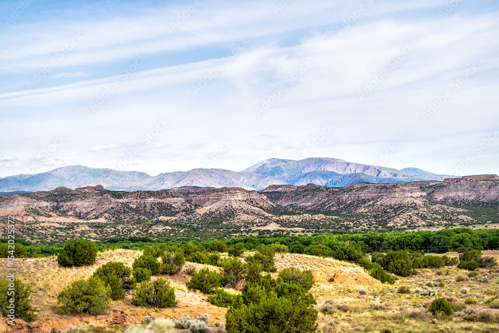 View from road highway 502 on Diablo Canyon recreation area and Bandelier national monument in Santa Fe county, New Mexico