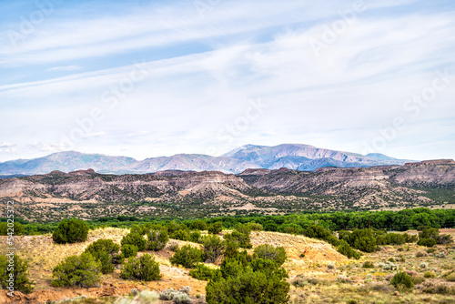 View from road highway 502 on Diablo Canyon recreation area and Bandelier national monument in Santa Fe county, New Mexico photo