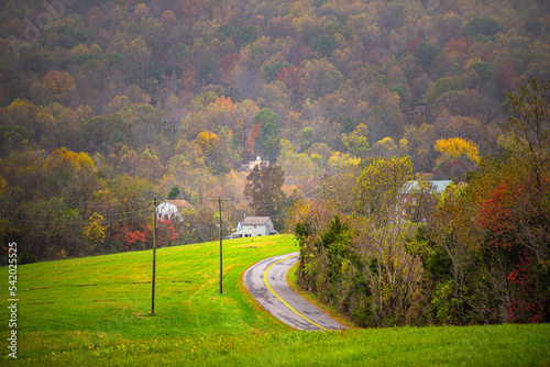 Rockfish valley with Blue Ridge mountains in autumn, scenic fall with colorful maple trees foliage by Nellysford rural countryside town, Nelson county photo