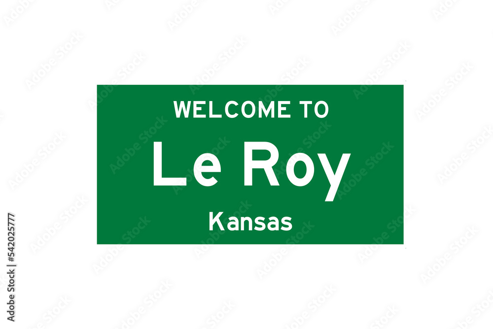 Le Roy, Kansas, USA. City limit sign on transparent background