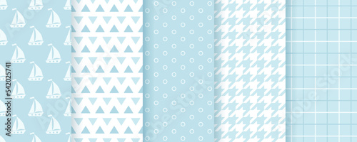 Scrapbook seamless pattern. Blue nautical background. Set baby shower print with polka dot, sailboat, triangle, houndstooth and plaid. Pastel wrapping textures. Childish backdrops. Vector illustration