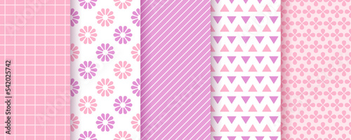 Scrapbook seamless pattern. Baby girl background. Set pink prints. Cute textures with stripe, triangle, flower and plaid. Pastel packing paper. Retro scrap design. Vector illustration. Trendy backdrop