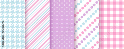 Scrapbook seamless pattern. Baby shower backgrounds. Set textures with polka dot, stripe, plaid, houndstooth. Retro pastel print. Geometric wrapping backdrop. Childish scrap design Vector illustration