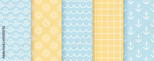 Scrapbook seamless pattern. Pastel nautical background. Set baby shower textures with waves, anchor, sun and plaid. Childish blue yellow wrapping print. Vector illustration. Geometric sea scrap design