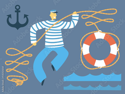A sailor throws a lifebuoy on a rope. Anchor and sea waves. Flat vector illustration.