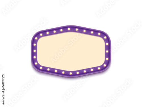 Antique shape marquee vintage 3d lightbox with glowing bulb. Purple color retro frame design vector illustration.