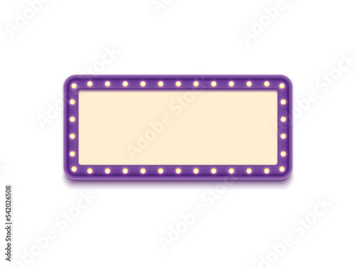Antique shape marquee vintage 3d lightbox with glowing bulb. Purple color retro frame design vector illustration.