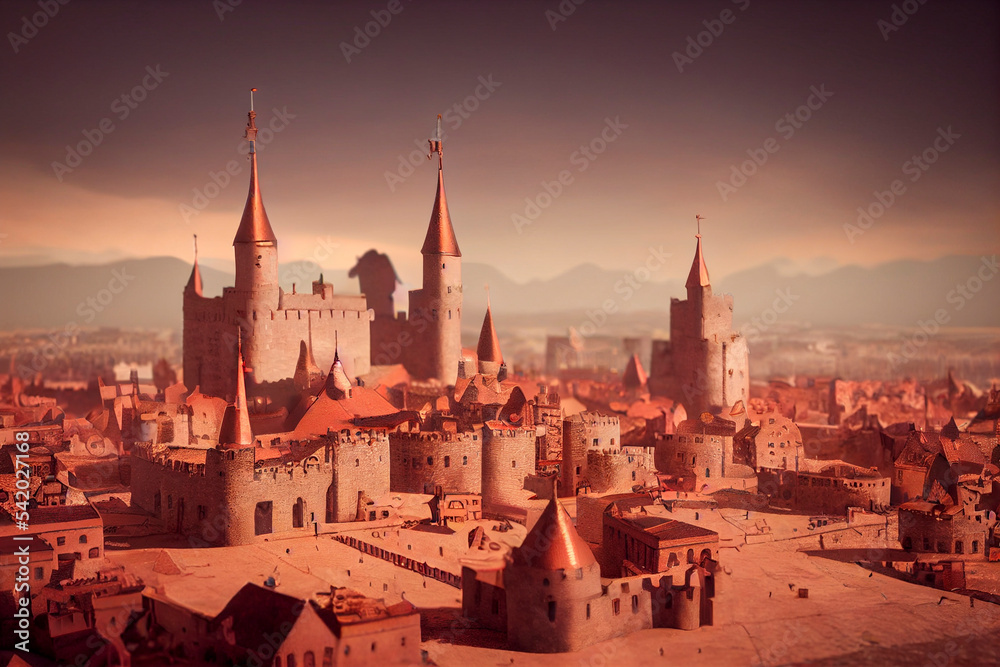 Miniature medieval village with castle, Illustration of a tabletop model