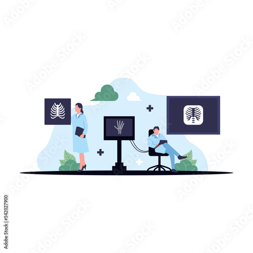 Radiology vector illustration. Flat tiny xray skeleton bones persons concept. Transparent body scanner equipment for patient disease, injury and trauma diagnosis. Spine, legs and head doctor research.