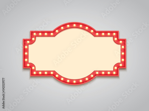 Antique shape marquee vintage 3d lightbox with glowing bulb. Red color retro frame design vector illustration.
