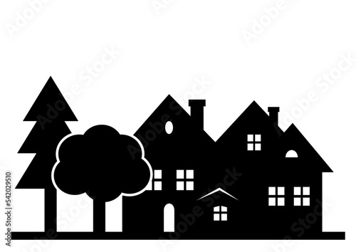 Apartments, hotel,  houses and trees, landscape, black silhouette, vector illustration, white background