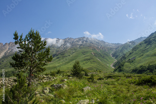 Beautiful landscape - green mountain slopes with trees and white clouds on a blue sky on a sunny summer day in the Terskol valley in the Elbrus region and copy space